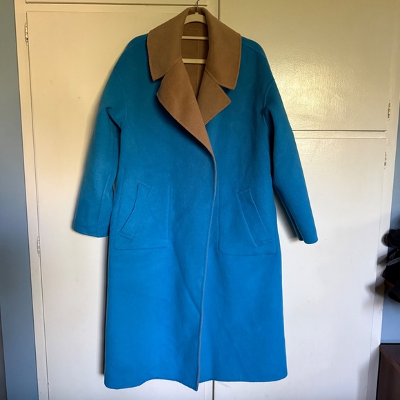 Essentiel Antwerp Reversible Camel Turquoise Wool Blend Wrap Coat Size 36 US 4 - Picture 3 of 16